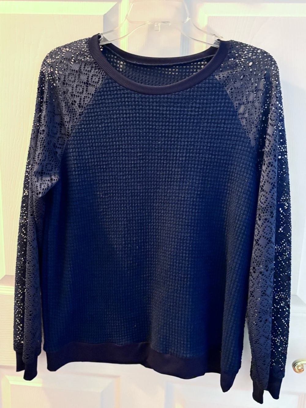 Women's Navy Lace-Sleeve Waffle Knit Sweater